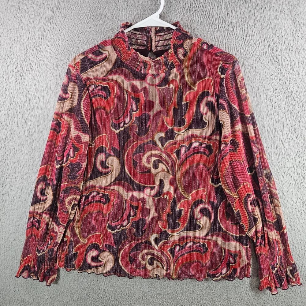 Chico's‎ Red Paisley Metallic Plisse Mock Neck Top Size 2 L Long Sleeve Blouse